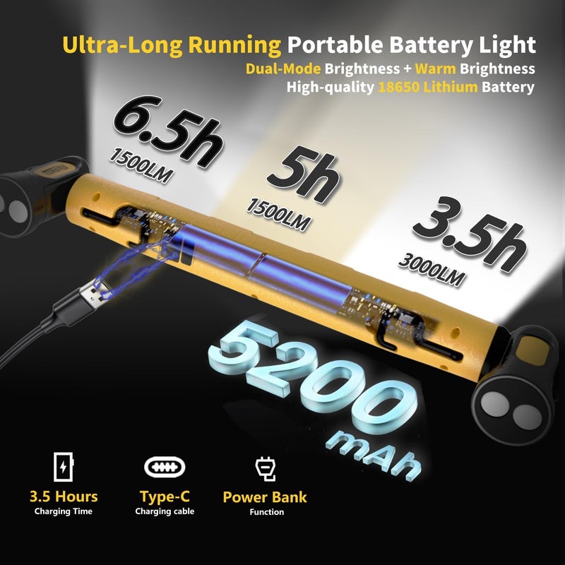 MechaniLite شريط ضوء العمل تحت الغطاء، 3000LM شريط ضوء LED مغناطيسي مع خطافات، 5200mAh ضوء غطاء قابل لإعادة الشحن بدون سلك للميكانيكي/إصلاح السيارات/المرآب - أصفر - Image 3